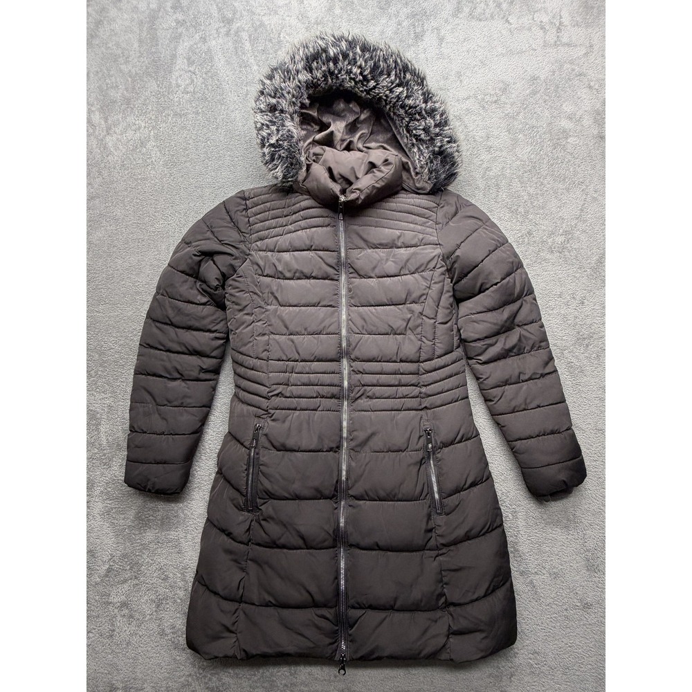 YMI Coat Womens Medium Gray Hooded Puffer Long Faux Fur Trim Quilted Pockets